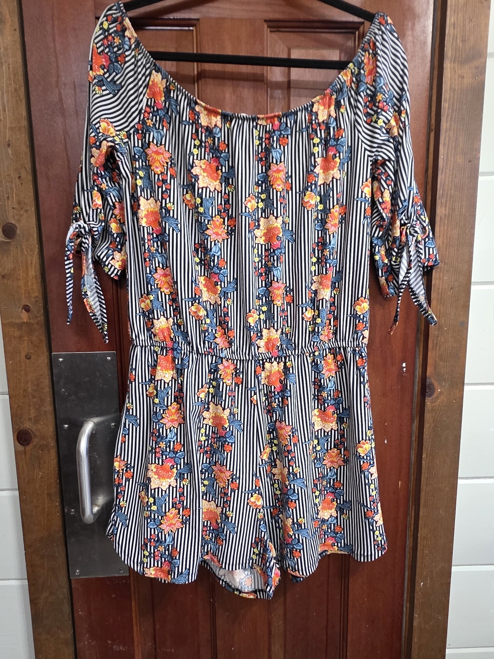 Stella Tweed Navy & White Striped Floral Off-Shoulder Romper
